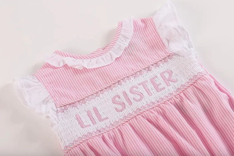 Baby Girls Pink Striped Little Sister Smocked Bubble | Etsy (US)