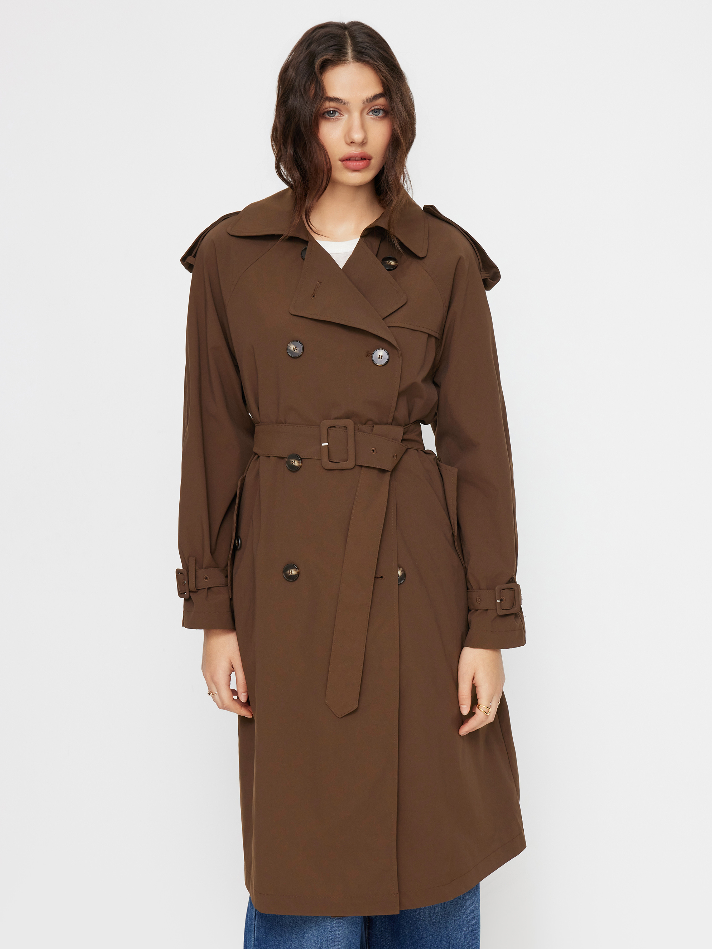 Woven Collar Double Breasted Split Trench Coat With Belt For Daily Casual | Cider