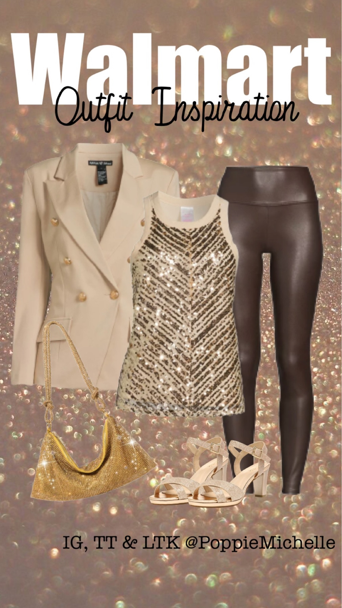 Walmart up at Walmart fashion Walmart style Walmart style No Boundaries sequin tank top gold sequin tank top toasted almond sequin tank top brown faux leather leggings brown leather leggings brown vegan leather leggings bone blazer cream colored  blazer antique white colored blazer Walmart blazer with gold buttons rose gold studded heels chunky studded heels rose gold block heels holiday outfit party inspiration date night outfit girls night outfit PoppieMichelle attitude unknown blazer Walmart attitude unknown blazer

#LTKfit #LTKunder50 #LTKHoliday