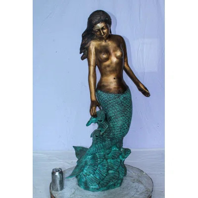 Nude Art Bronze Mermaid Fountain with Fish and Patina Finish 23" x 14" x 39"H | Wayfair North America