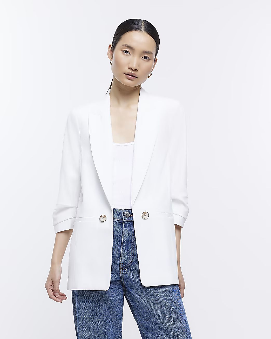 White ruched sleeve blazer | River Island (UK & IE)