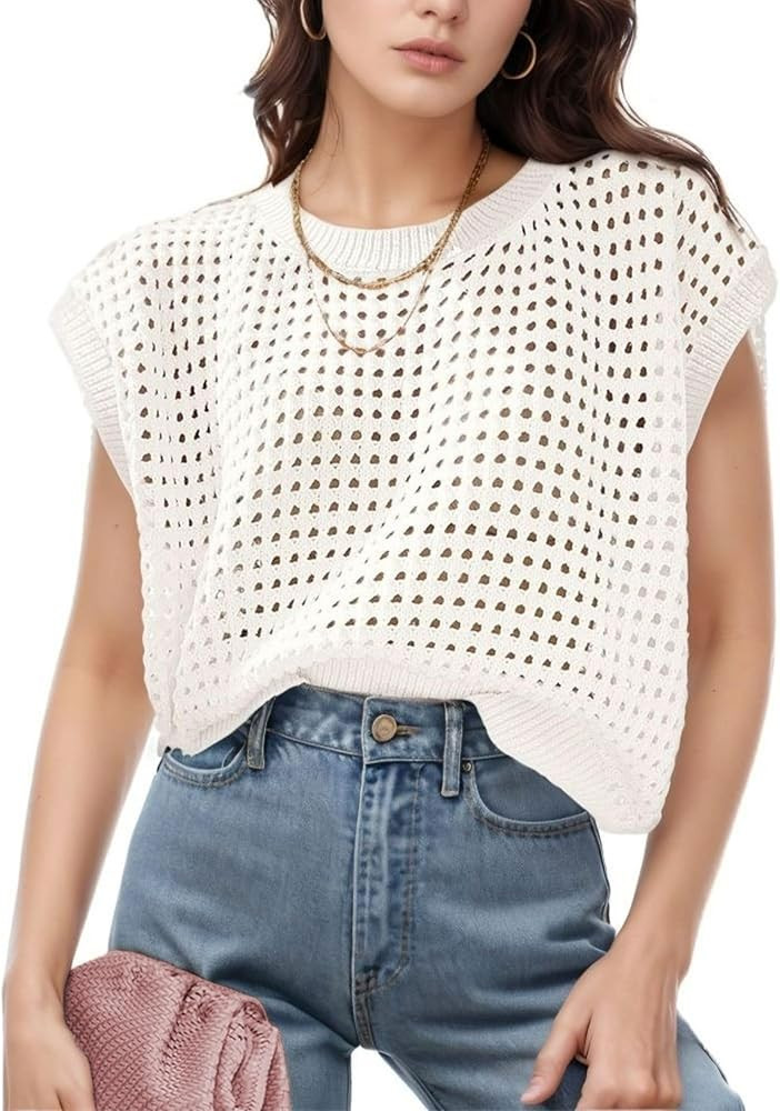 Womens Summer Sweater Vest Crochet Knit Cap Sleeve Shirts Crewneck Hollow Out Pullover Beach Tank... | Amazon (US)