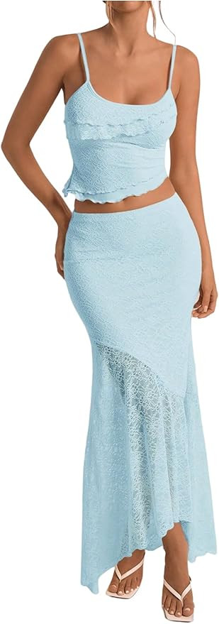 Milumia Women's 2 Piece Outfits Ruffle Trim Cami Crop Top and Low Rise Maxi Skirt Set       
    ... | Amazon (US)