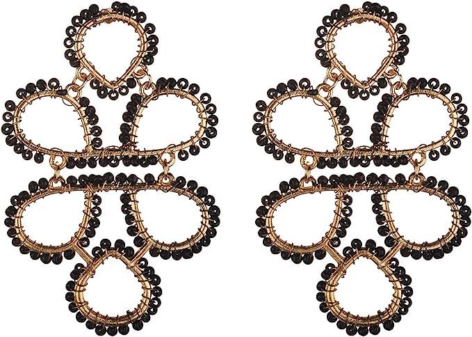 Nicole Miller New York Goldtone Teardrop Boho Tribal Black Beaded Fashionable Dangle Earrings | Amazon (US)