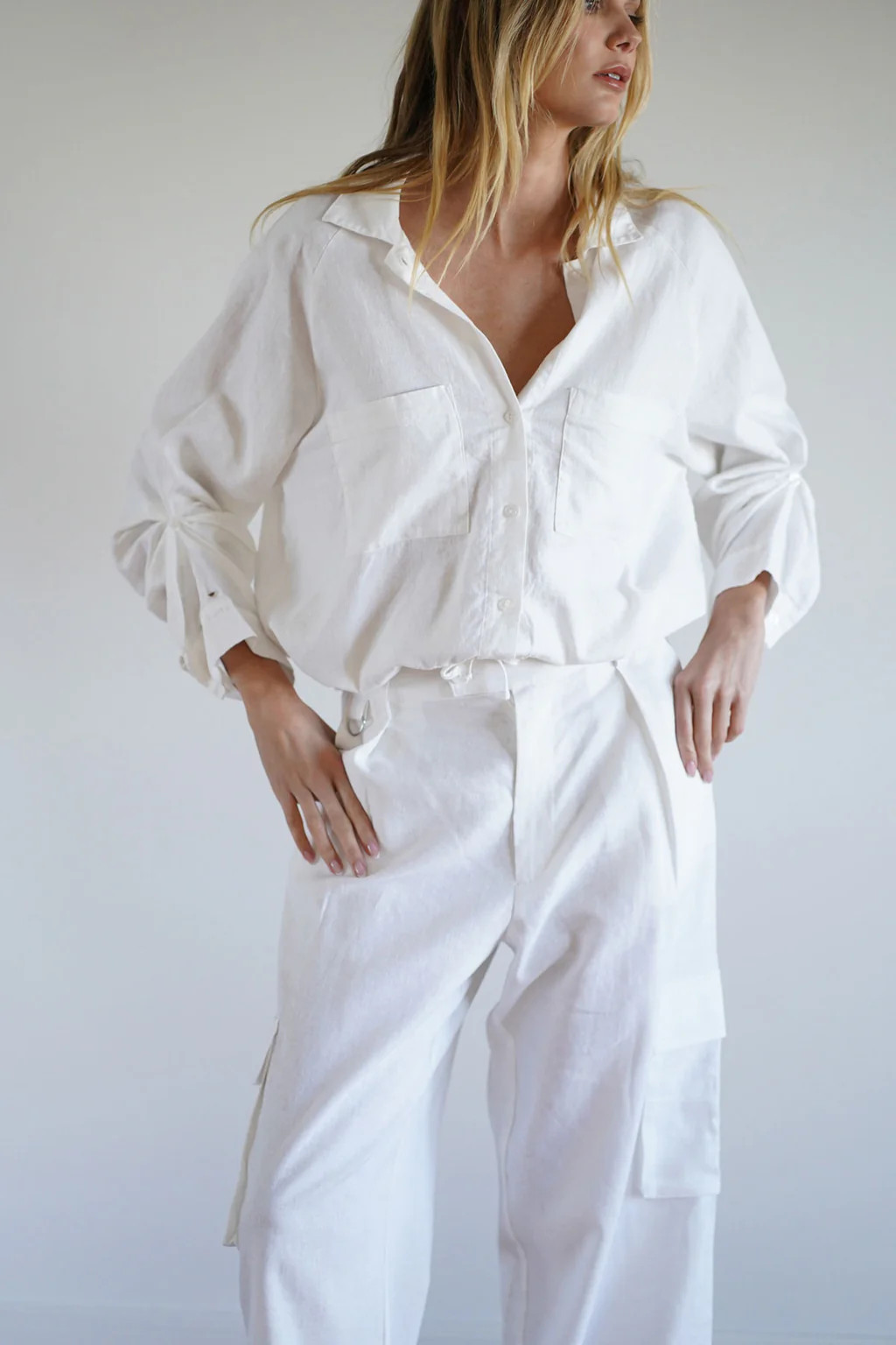 Alpine Drawstring Button Up - White | LNA Clothing