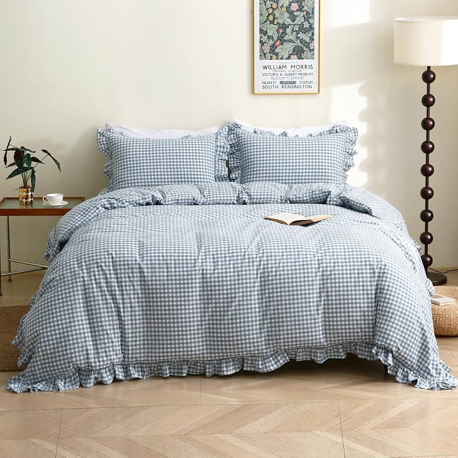 Light Blue/White Plaid Ruffle Duvet Cover Queen Size,100% Washed Cotton 3 Pieces Shabby Checkered... | Amazon (US)