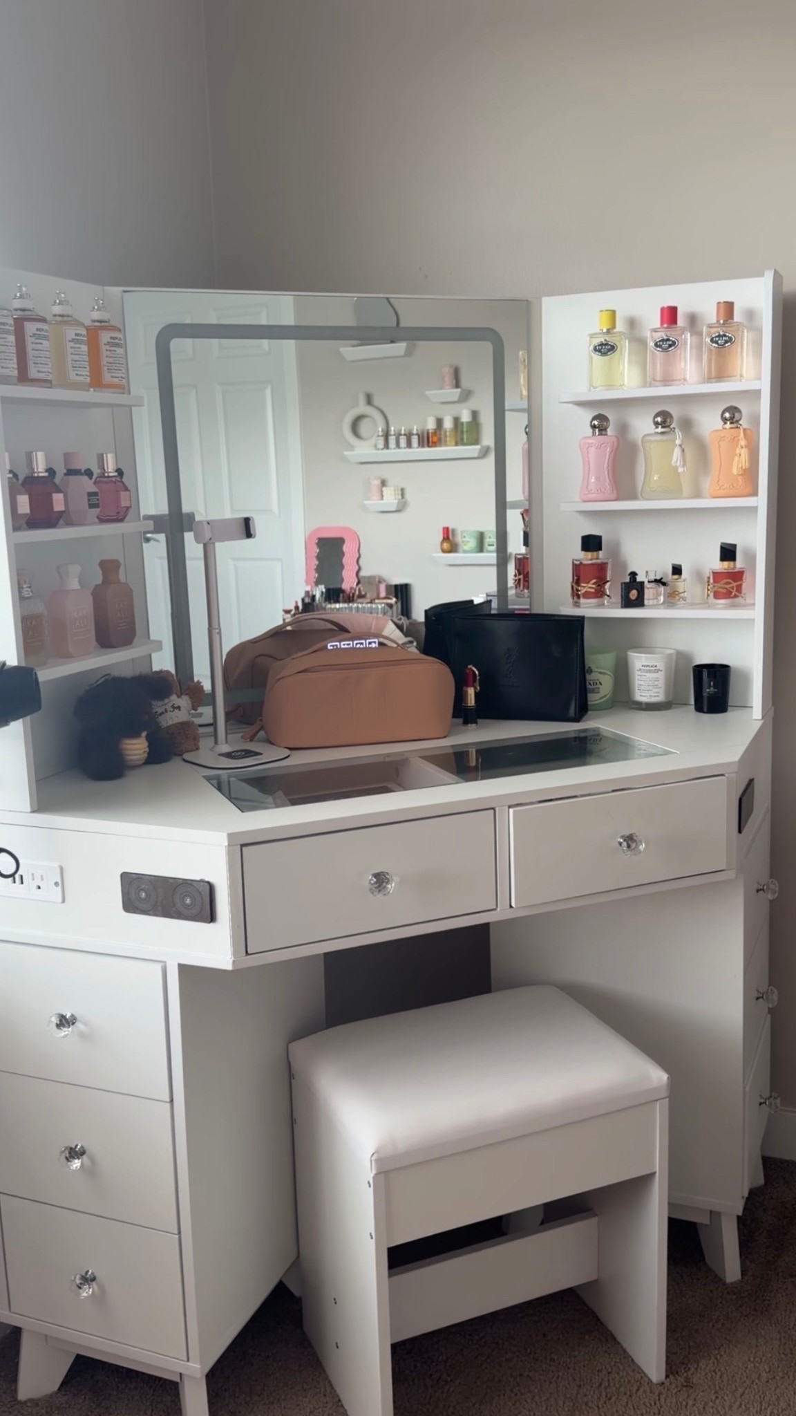 GRWM essential ✨ corner vanity desk with lots of storage, Bluetooth speaker, and ring light 

#LTKBeauty #LTKHome #LTKgrwm