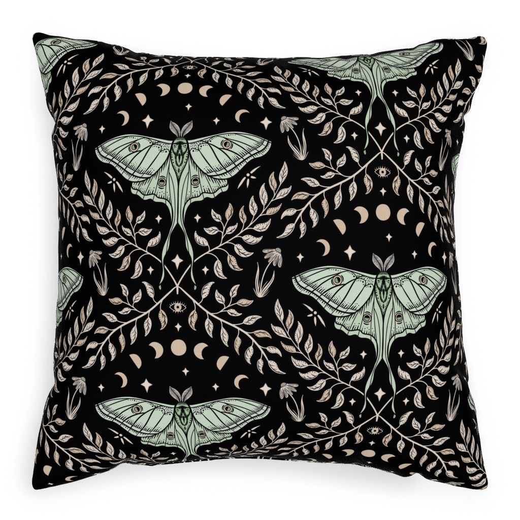 Pillows: Luna Moths Damask With Moon Phases - Black Pillow, Cotton Weave, Pillow (Black), 20 x 20, S | Shutterfly