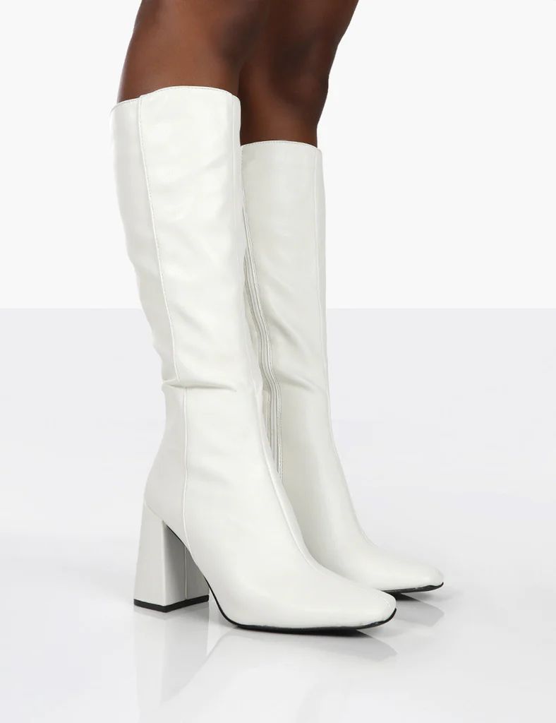 Apology White Pu Knee High Block Heel Boots | Public Desire (US & CA)