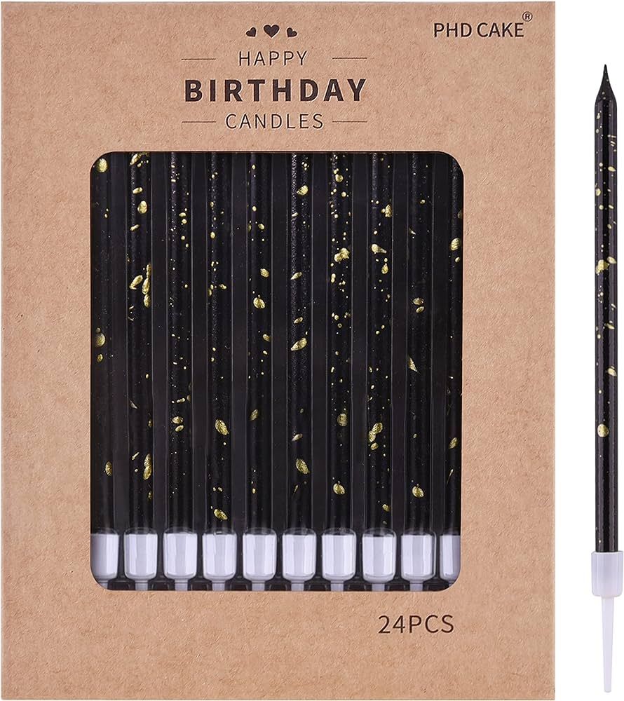 PHD CAKE 24-Count Black Gold Long Thin Birthday Candles, Cake Candles, Birthday Parties, Wedding ... | Amazon (US)