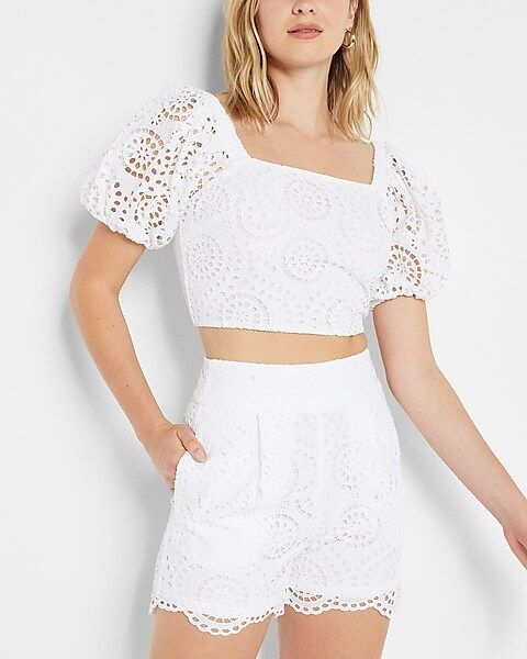 Square Neck Puff Sleeve Eyelet Crop Top | Express
