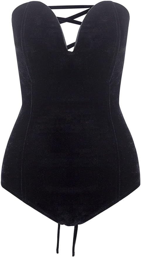 Clothink Women Burgundy Bandeau Back Lace Up Velvet Bodysuit | Amazon (US)