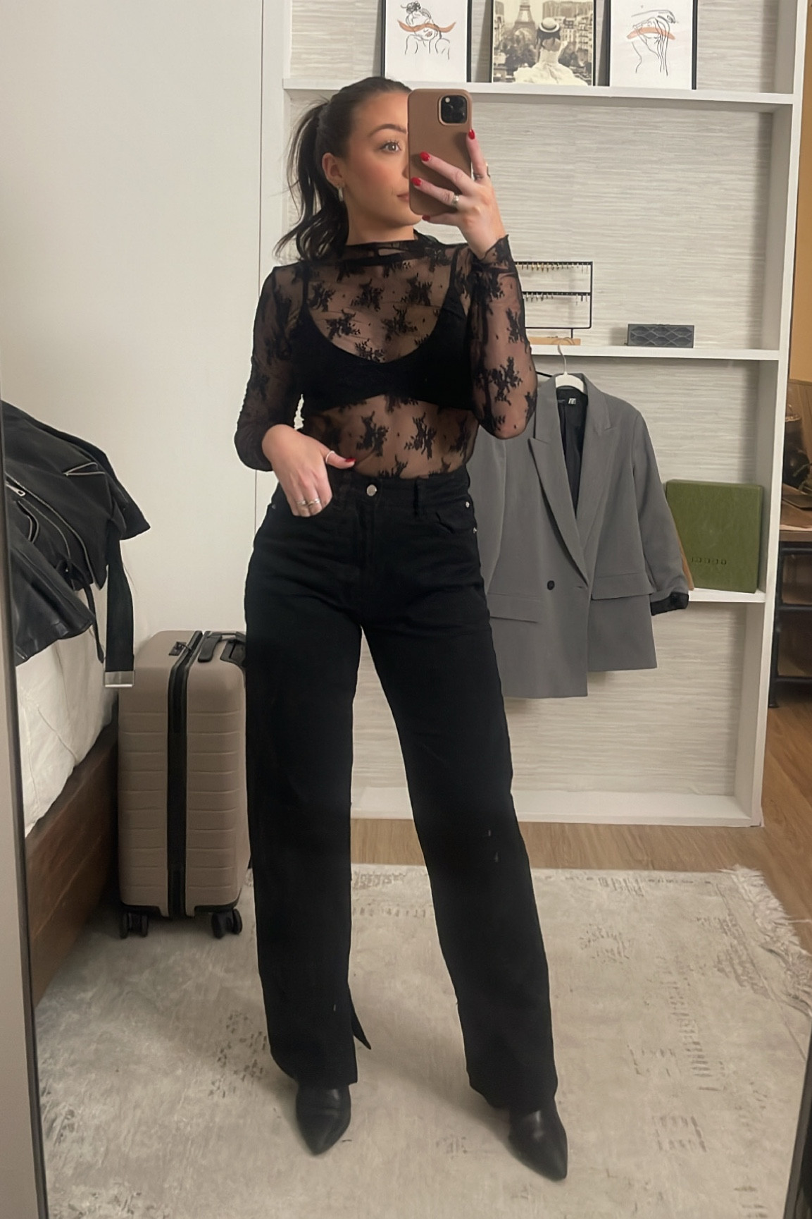 Black lace going out layering top
Black high rise loose denim 

#LTKFind #LTKunder100 #LTKstyletip