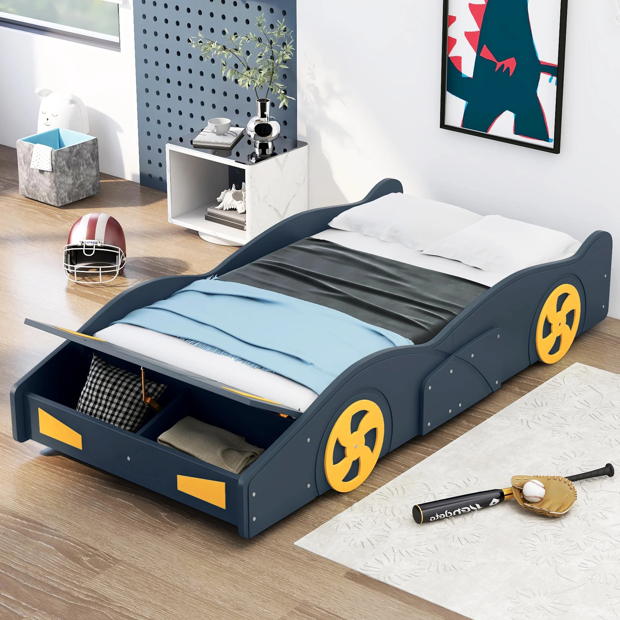 Euroco Car-Shaped Twin Size Platform Bed with Tires and Storage Cabinet for Kids Bedroom, Dark Bl... | Walmart (US)