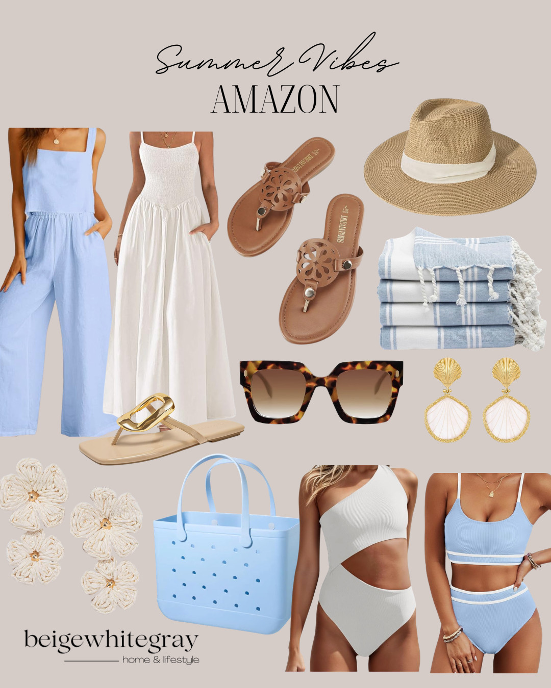 Summer Vibes Amazon, summer outfit ideas, Amazon summer fashion, blue and white summer style, beach vacation outfits, resort wear women, Amazon sundress, white maxi dress, summer jumpsuit women, straw sun hat, flat sandals women, beach tote bag, Turkish beach towels, one shoulder swimsuit, blue bikini set, statement shell earrings, oversized sunglasses, coastal fashion, vacation capsule wardrobe, pool day essentials, summer travel style

#LTKootd #LTKBeauty #LTKTravel