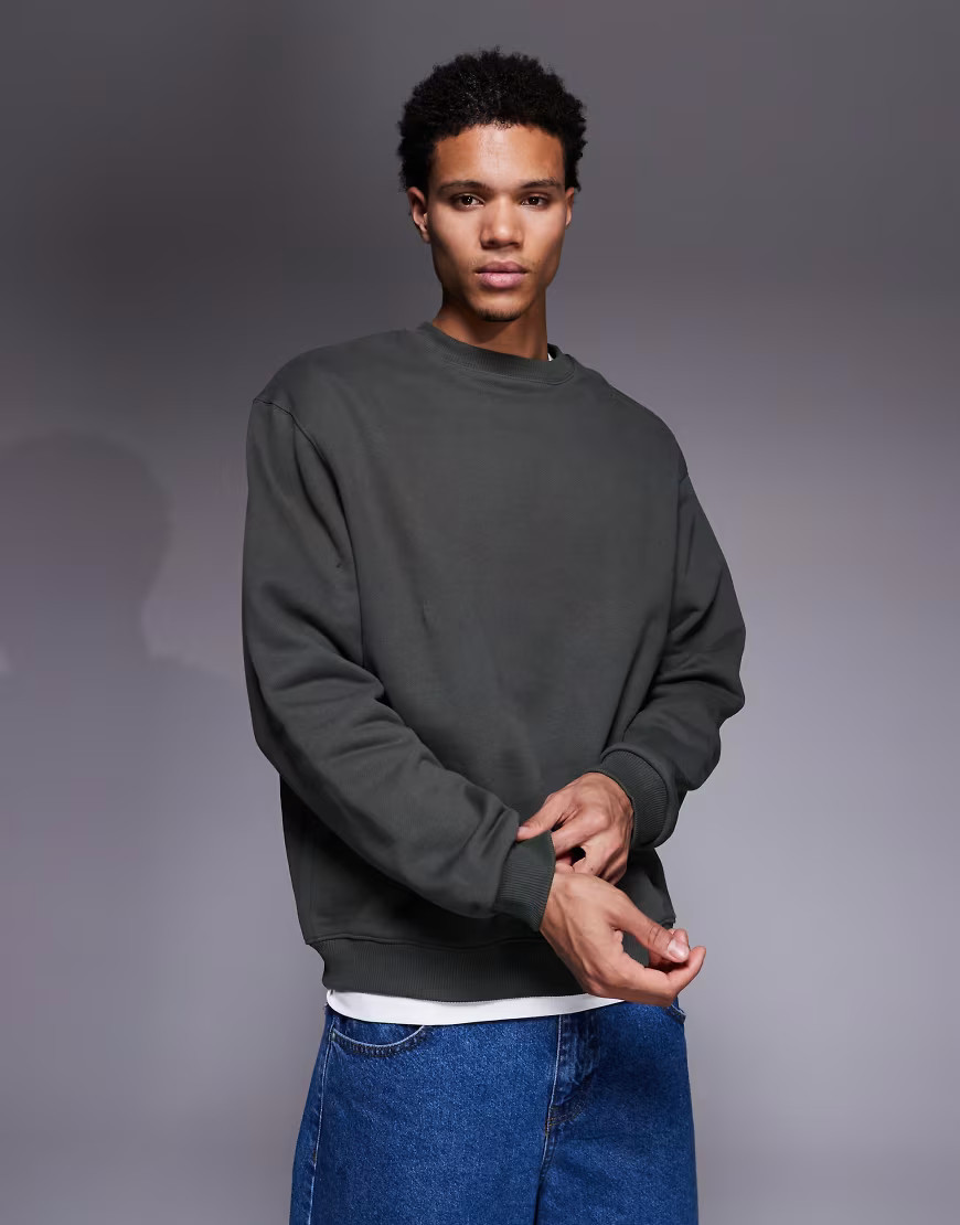 ASOS DESIGN premium heavyweight sweatshirt in 400gsm in dark green | ASOS (Global)