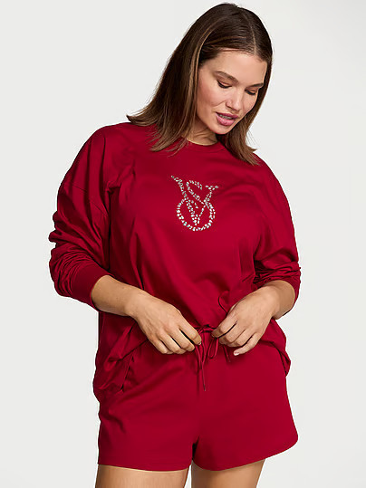 100% Cotton Shine Long-Sleeve Short Pajama Set, Red, XS - Women's Sets - Victoria's Secret | Victoria's Secret (US / CA )