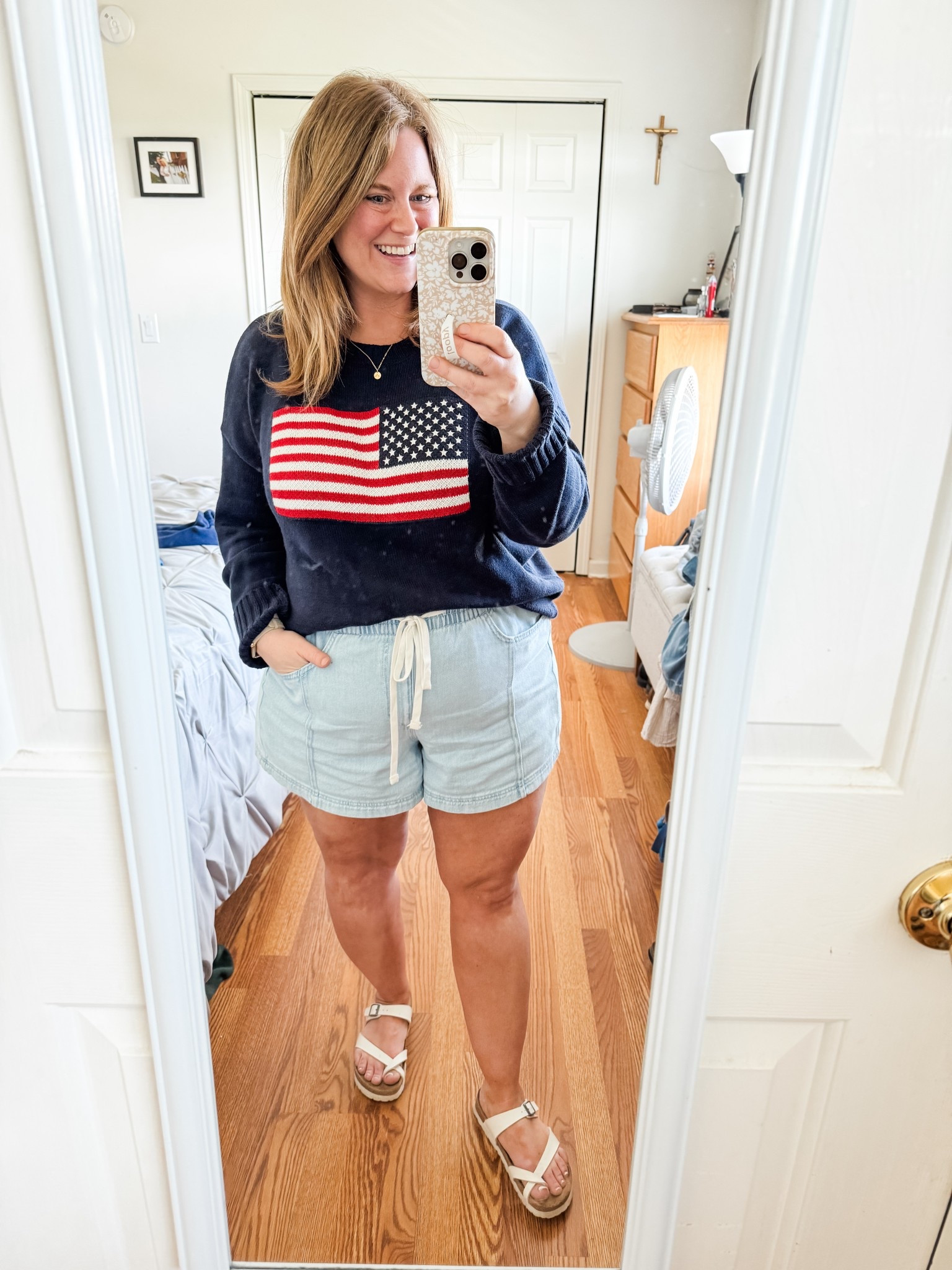 Memorial Day outfit / 4th of July outfit / red white & blue outfit 

Wearing a large in the sweater & an XL in the shorts 

#LTKMidsize #LTKSummerEdit #LTKSeasonal