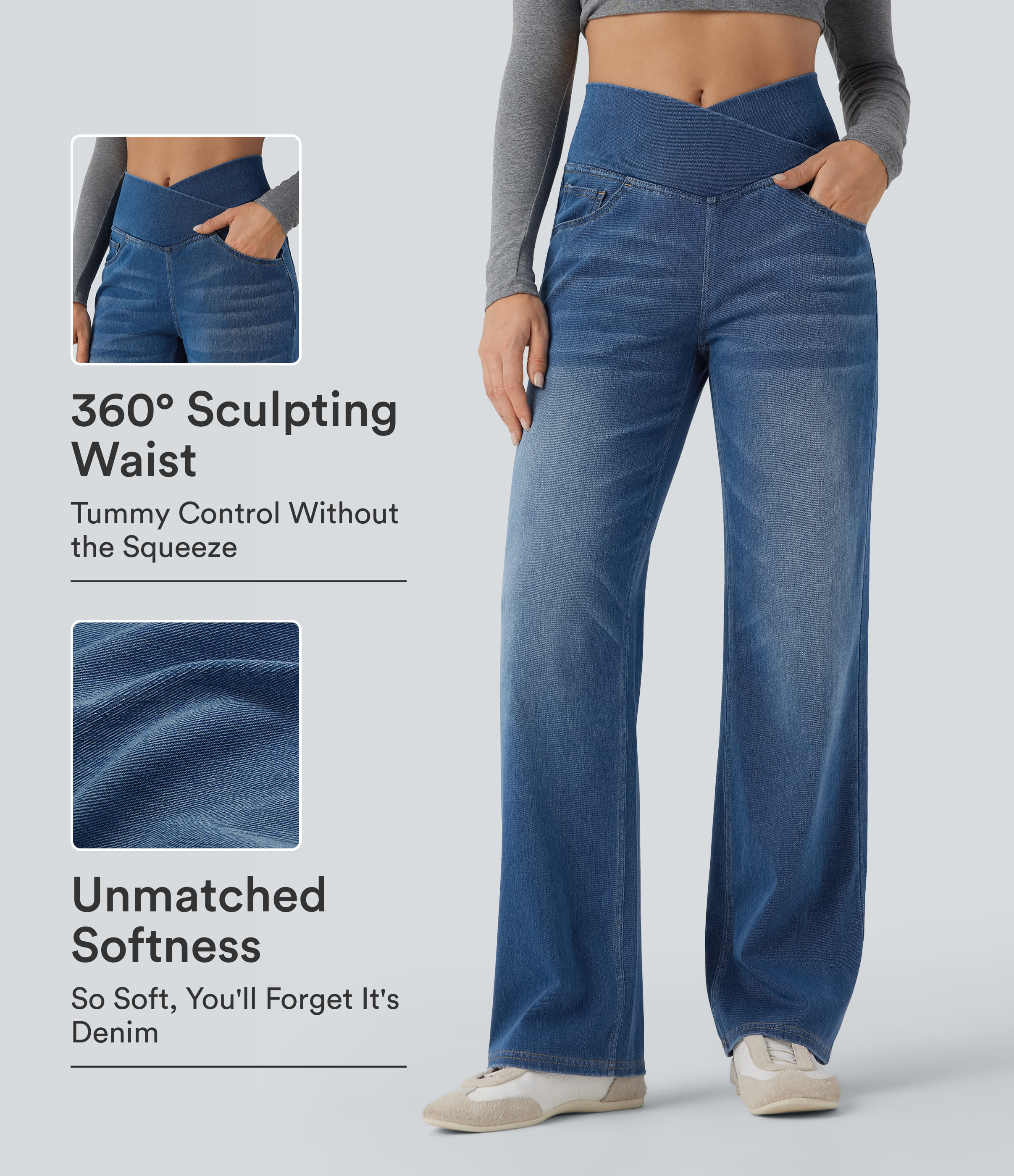 Halara Flex™ Crossover High Waisted Tummy Control Casual Straight Leg Jeans with Pockets | HALARA