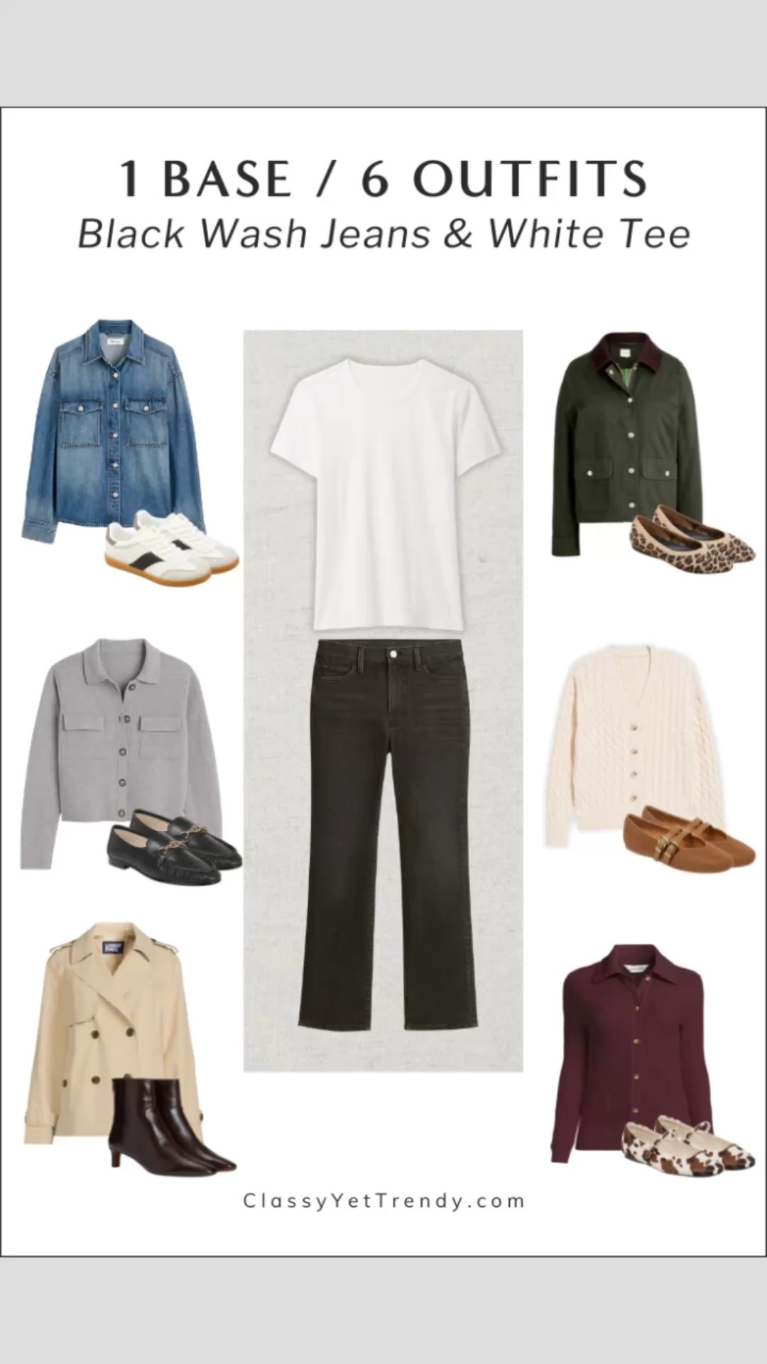 1 Base, 6 Outfits ✔️How to style black wash jeans and a white tee using different layers and shoes 🍂❄️ 

Jacket, leopard flats, cardigan, cow print Mary Jane’s, loafers, denim shirt, sneakers, trench coat, boots

#millenialmom #smartcasual #amazon #amazonfinds #amazonfashion #founditonamazon #affordablestyle #affordablefashion #outfitideas