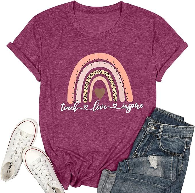KIMSOONG Women Teacher Shirt Rainbow Leopard Graphic Tee Kindergarten Teachers Gift Shirt Teach L... | Amazon (US)