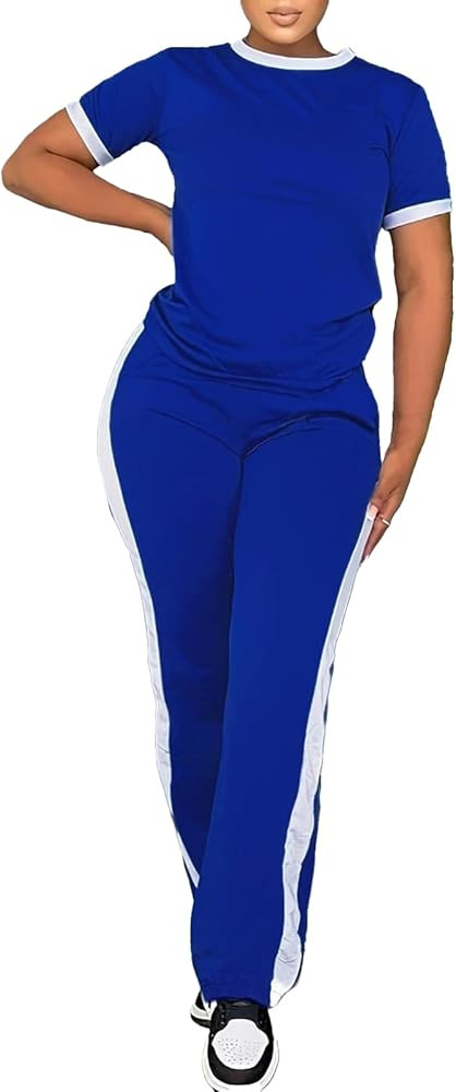 PINSV Women's 2 Piece Outfits Short Sleeve Tops Sweatpants Colorblock Bodycon Lounge Sets Tracksu... | Amazon (US)