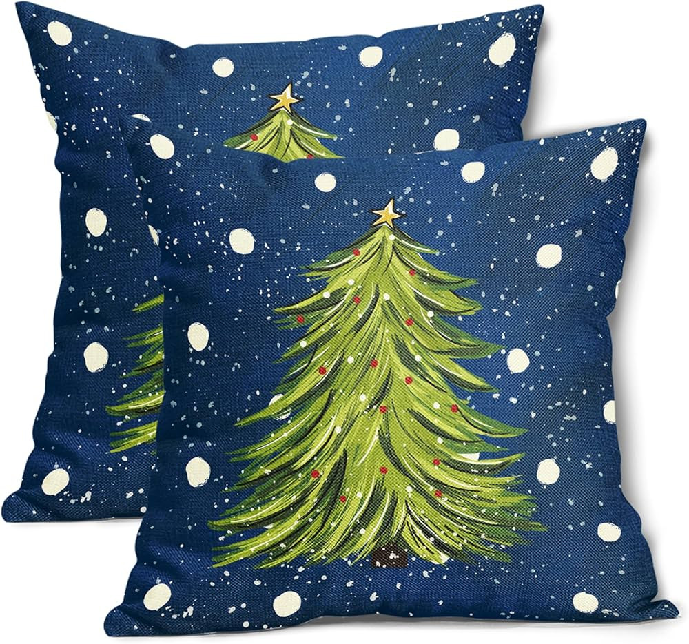 Blue Christmas Pillow Covers 18X18 Inch Set of 2 Watercolor Green Xmas Tree Decorative Pillow Cas... | Amazon (US)