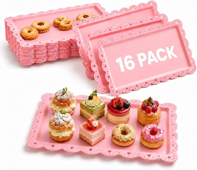 16 Pack Pink Serving Tray Set, Plastic Serving Trays for Party, Rectangular Dessert Trays with Wa... | Amazon (US)