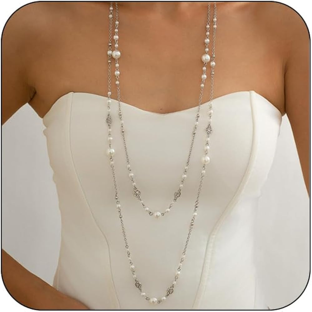 Long Necklaces for Women Pearl Necklaces for Women Long Chain Necklace Dainty Layered Pearl Neckl... | Amazon (US)