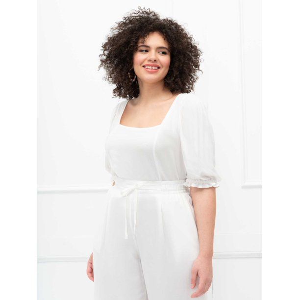 ELOQUII Elements Women's Plus Size Square Neck Puff Sleeve Crop Top | Walmart (US)
