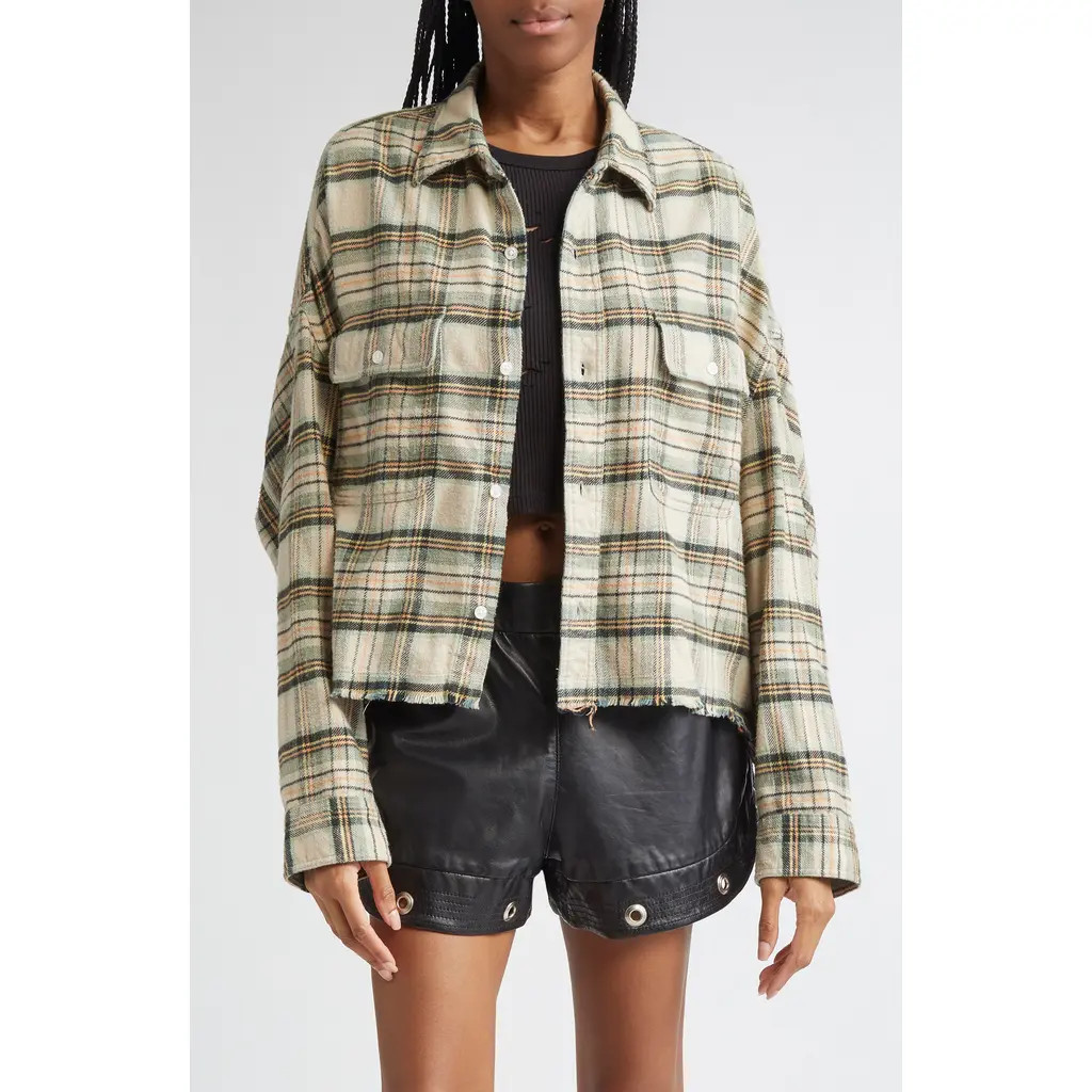 R13 Crop Plaid Flannel Button-Up Shirt in Cream/Turquoise Plaid at Nordstrom, Size Small | Nordstrom