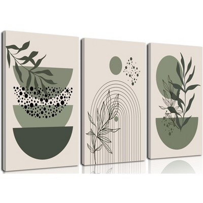 Sage Green Boho Wall Art Set of 3 Abstract Minimalist Geometric Line Poster Green Botanical Leaf Canvas Prints | Target