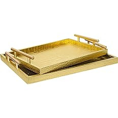Modern Elegant Large Wood Serving Tray, Set of 2 Gold Crocodile Leather with Gold Polished Metal ... | Amazon (US)
