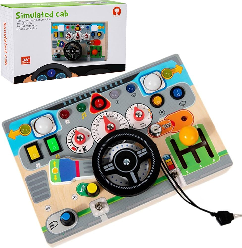 Wooden Montessori Busy Board for Toddlers 2-4 -Wooden Dashboard Steering Wheel Pretend Play Drivi... | Amazon (US)