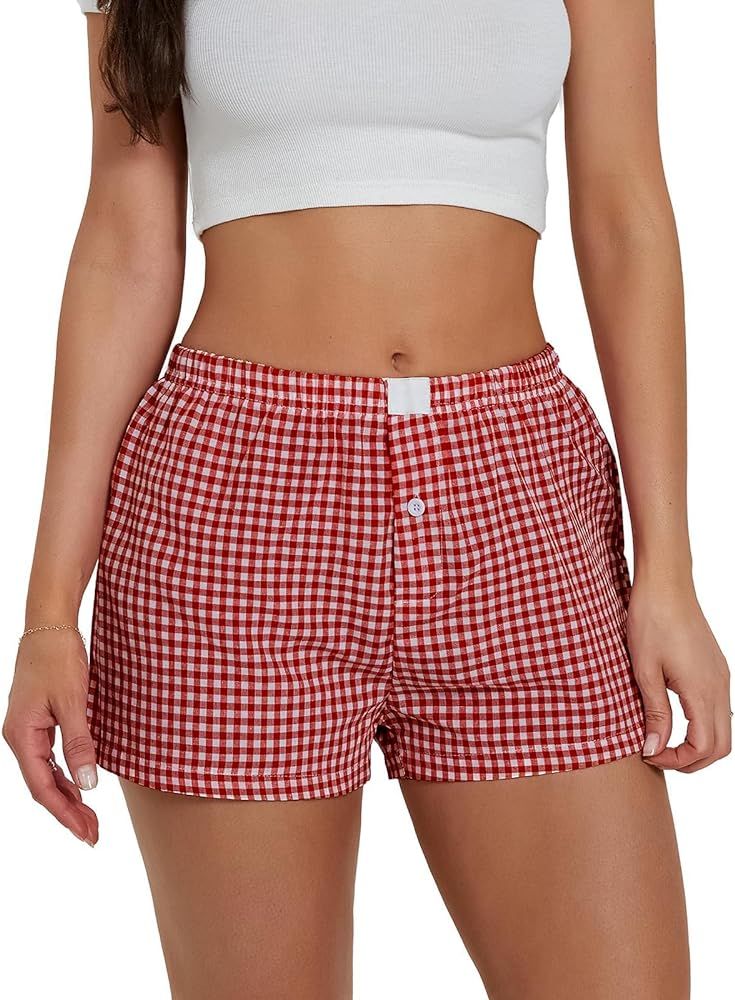 Y2K Boxer Shorts for Womens Low Waist Plaid Lounge Shorts Elastic Cute Gingham Pajamas Bottoms Su... | Amazon (US)