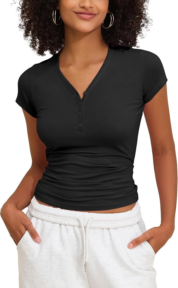 PrettyGuide Womens Short Sleeve Cotton Jersey Tops V Neck Henley T Shirts Slim Fit Casual Summer ... | Amazon (US)