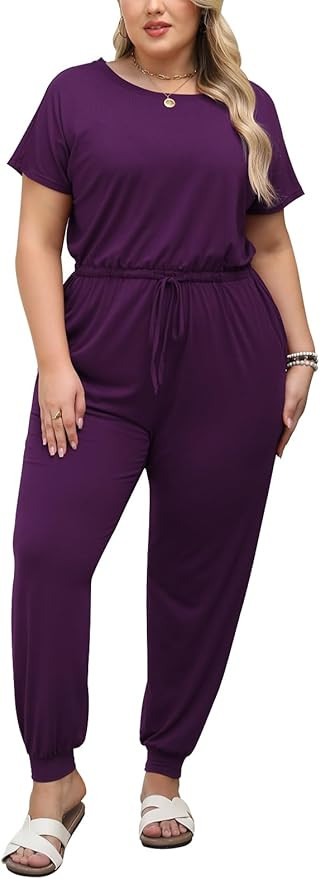 Nemidor Plus Size Casual Jumpsuits for Curvy Women Summer Short Sleeve Drawstring Waist Long Pant... | Amazon (US)