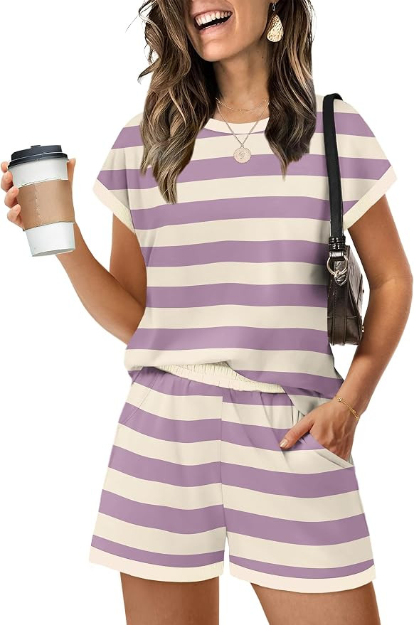 WIHOLL Two Piece Sets for Women Summer Lounge Short Sets Cap Sleeve Crew Neck Sweatsuit with Pock... | Amazon (US)