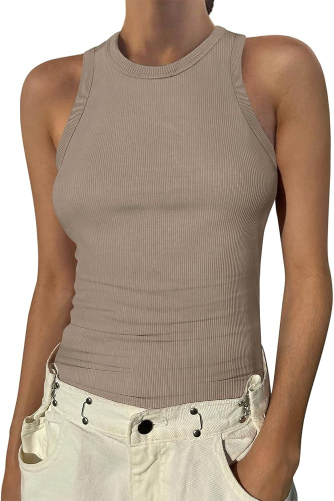 ANRABESS Womens Sleeveless High Neck Tank Tops Fashion Summer Casual Basic Slim Fit Ribbed Racerb... | Amazon (US)