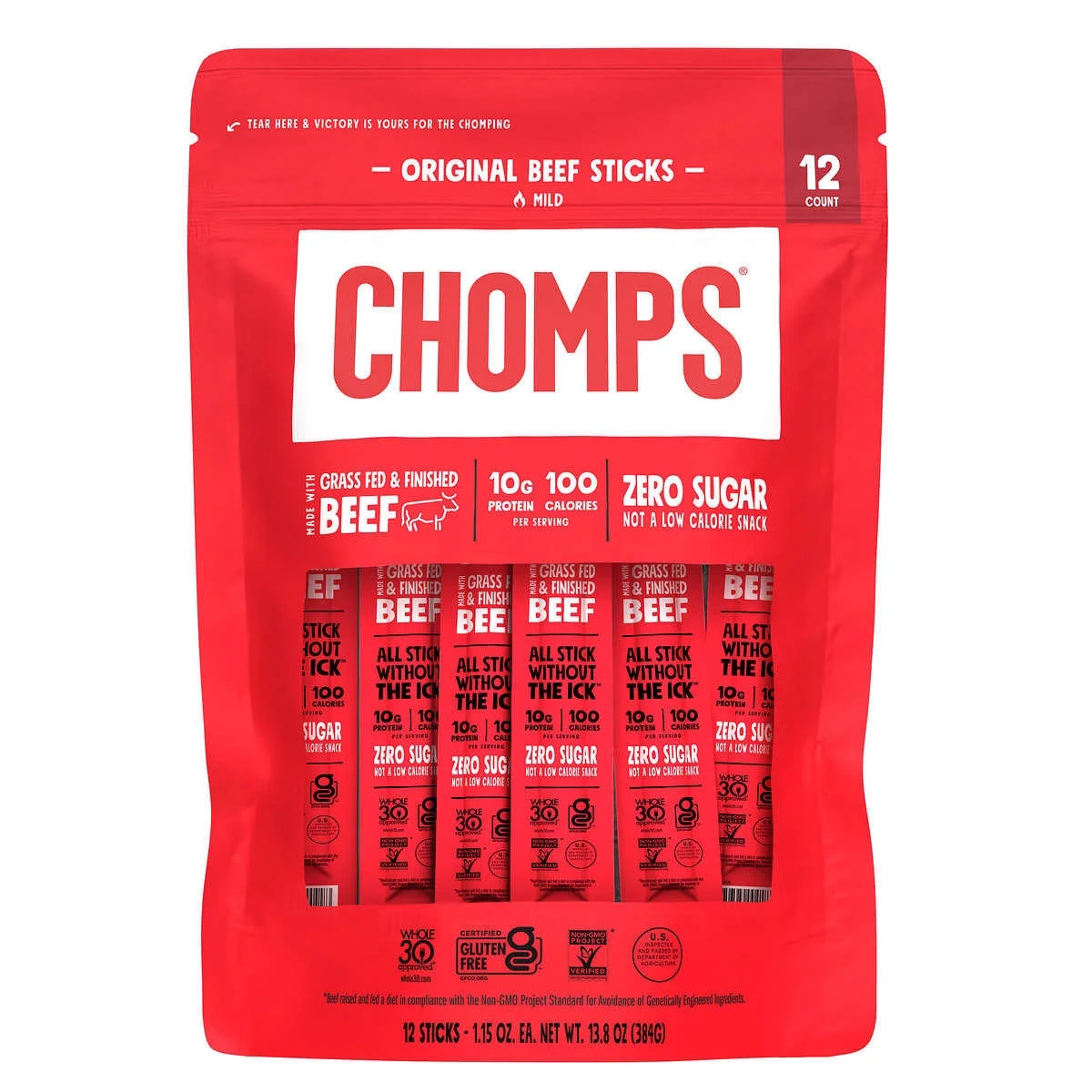 Chomps Original Grass Fed Beef Sticks Mild 1.15 Ounce (Pack of 12) | Walmart (US)