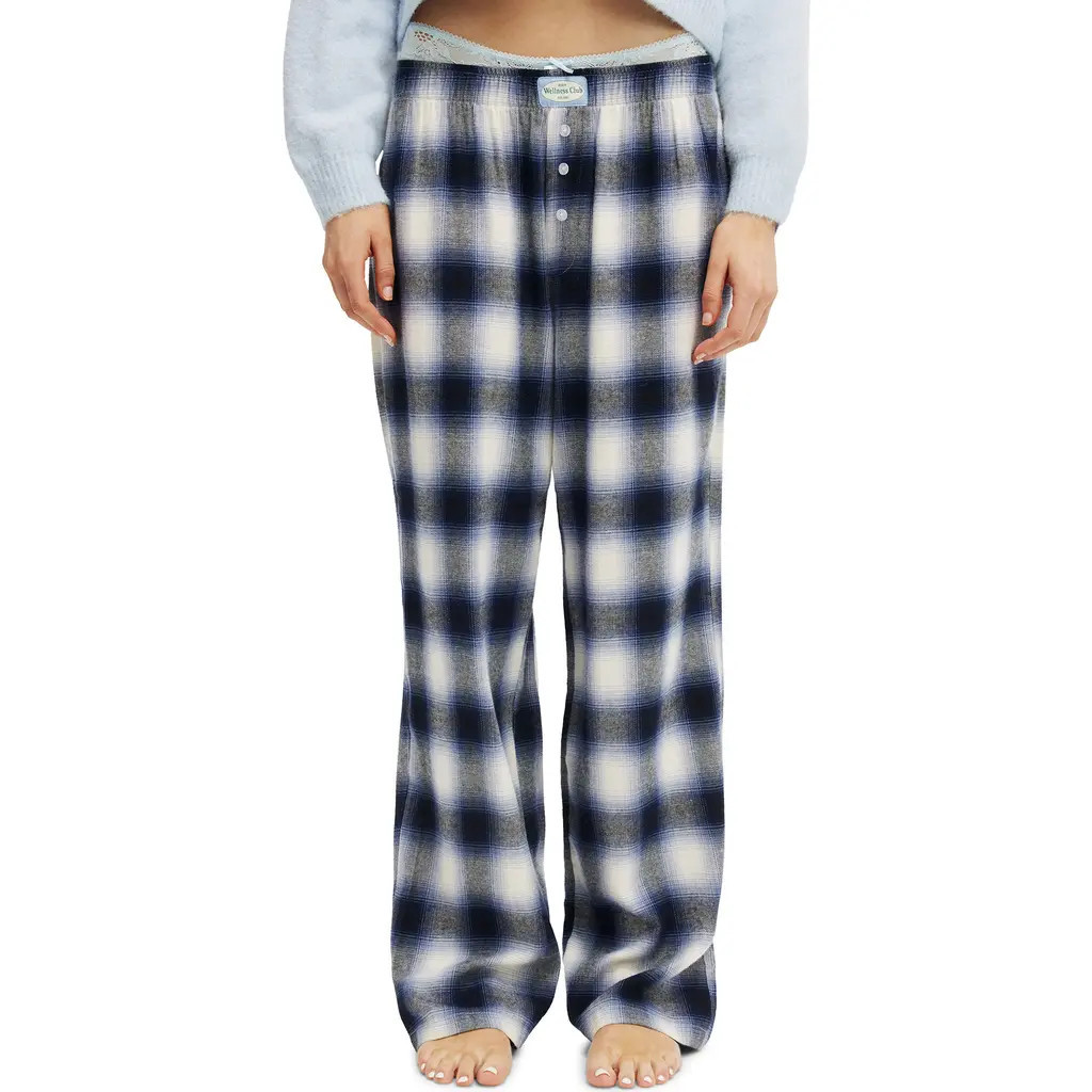 COTTON ON BODY Women's Flannel Wide Leg Pant in Navy White Check at Nordstrom, Size Large | Nordstrom