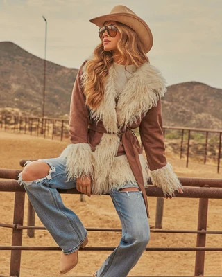 Heidi Shaggy Shearling Faux Suede Wrap Tie Jacket Tobacco / M | VICI