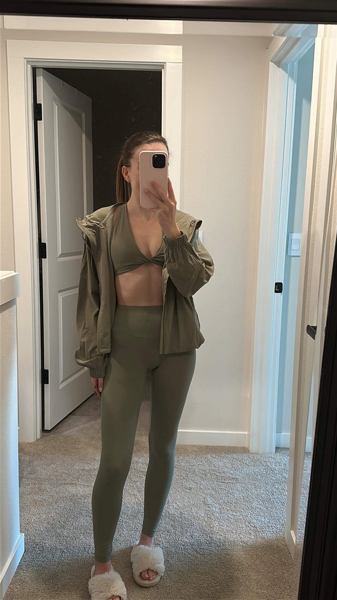 obsessed with all things olive green rn and this fabletics set is perfect for spring! wearing xs in leggings and jacket and xxs in the bra and all fit tts 🤍🌱 shade is seagrass! #FableticsPartner 

#LTKgrwm #LTKootd #LTKActive