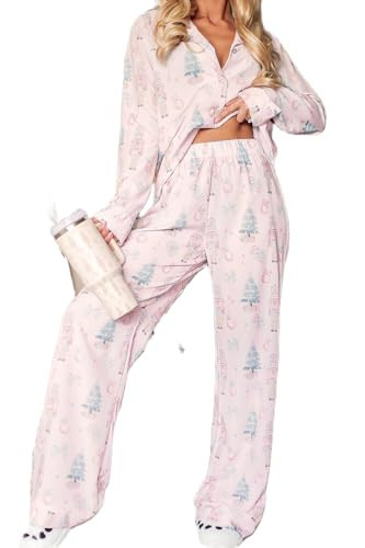 Yojeasrio Christmas Satin Pajama Set for Women Cute Nutcracker Santa Button Down 2 Piece Pj Set Xmas Stripe Plaid Loungewear (Pink nutcracker, L) | Amazon (US)