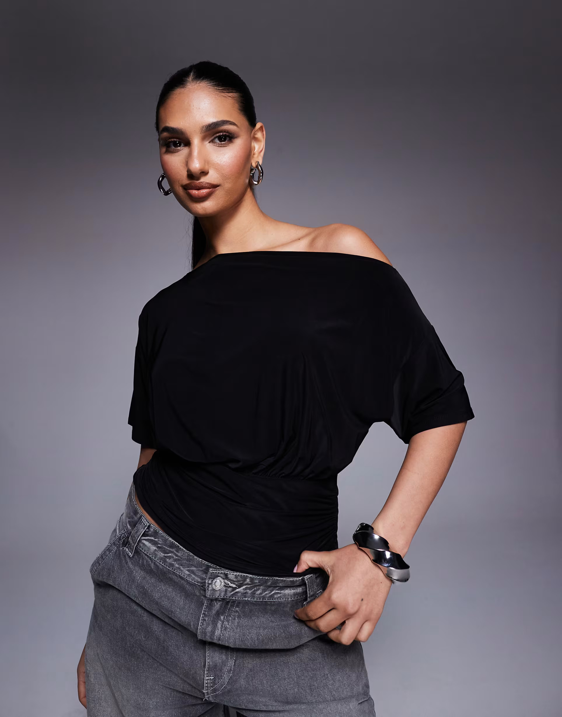 ASOS DESIGN asymmetric one-shoulder short sleeve top with cinch waist detail in black | ASOS (Global)