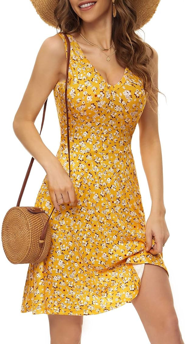 HUHOT Womens Sleeveless V Neck Dress with Pocket Summer Beach Midi Flared Tank Dress | Amazon (US)