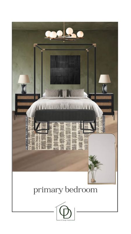 A moody primary bedroom design with a black canopy bed, modern upholstered bench, black and white stone lamps, geometric area rug, gold arched floor mirror, black textured wall art, grey linen duvet cover, black and cane extra large nightstands with drawers, and green limewash walls  

#LTKSeasonal #LTKsalealert #LTKhome