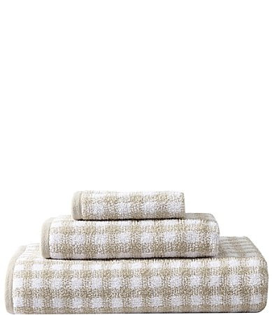Laura Ashley Ginny Gingham Printed 3-Piece Cotton Bath Towel Set - Tan/White | Dillard's