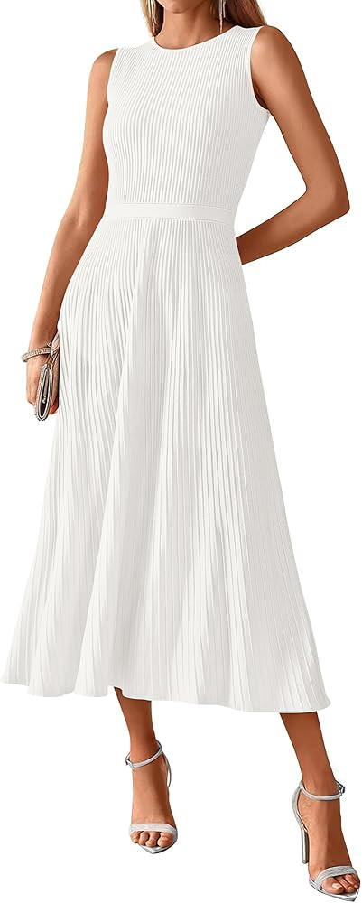 BTFBM Women's Midi Bodycon Tank Dress Summer Crewneck Rib Knit Sleeveless Pleated Swing A Line Bu... | Amazon (US)