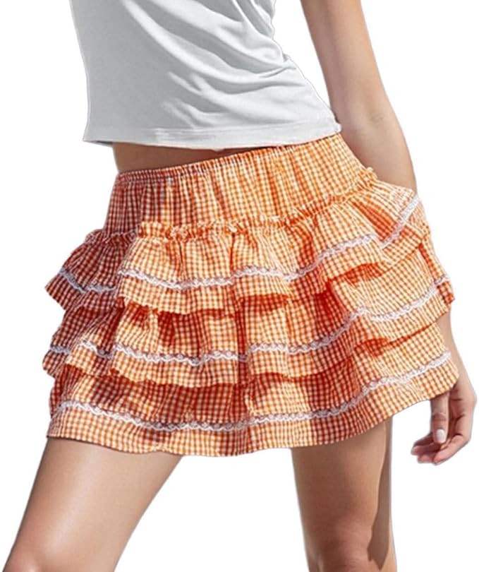 Mxiqqpltky Women's Y2K Plaid Ruffle Mini Skirt Cute Lace Trim Tiered Gingham A Line Skirt Trendy ... | Amazon (US)